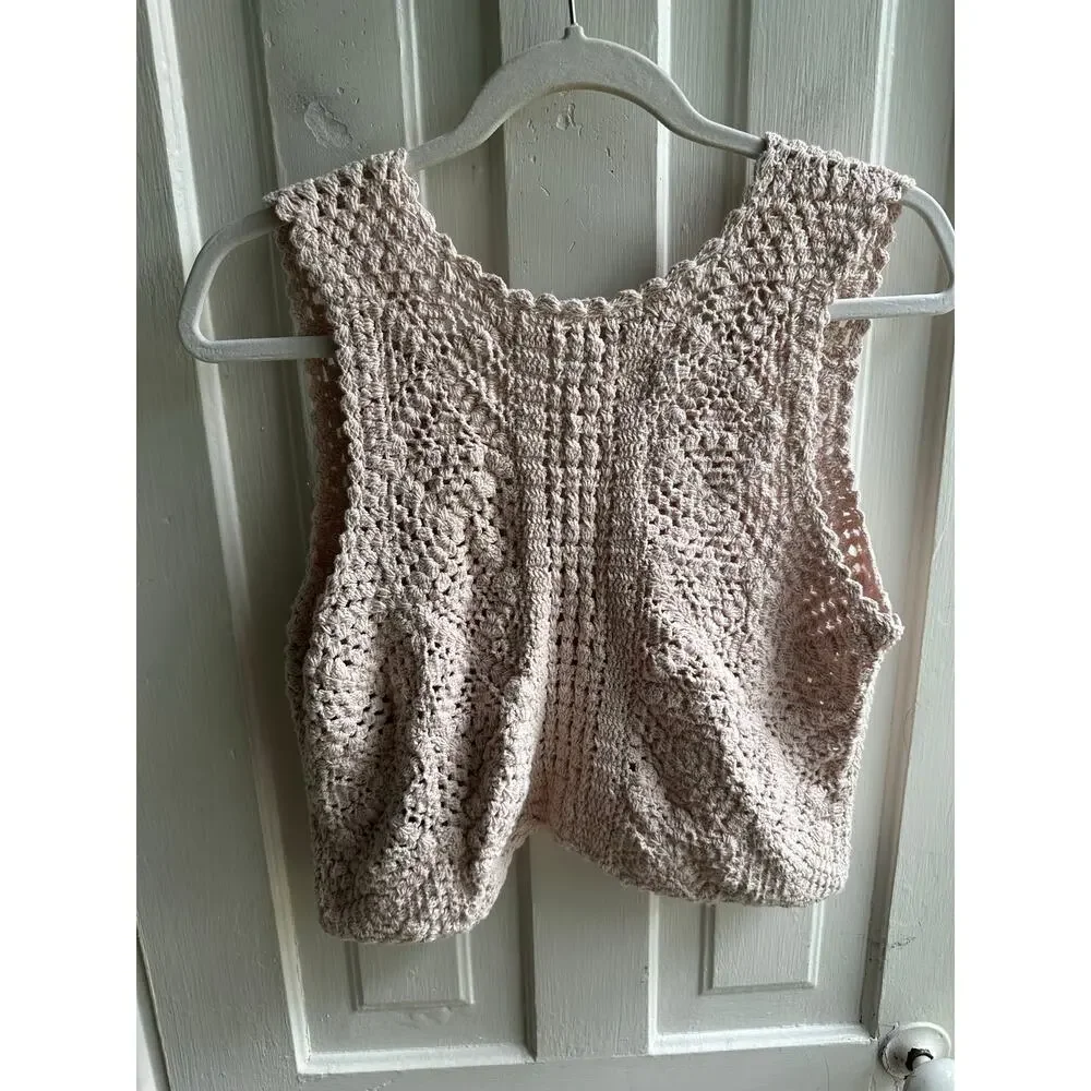 Lucky Brand Boho Crochet Tie-Front Cardigan Sweater Vest Pink Cotton Size M - Picture 4 of 9